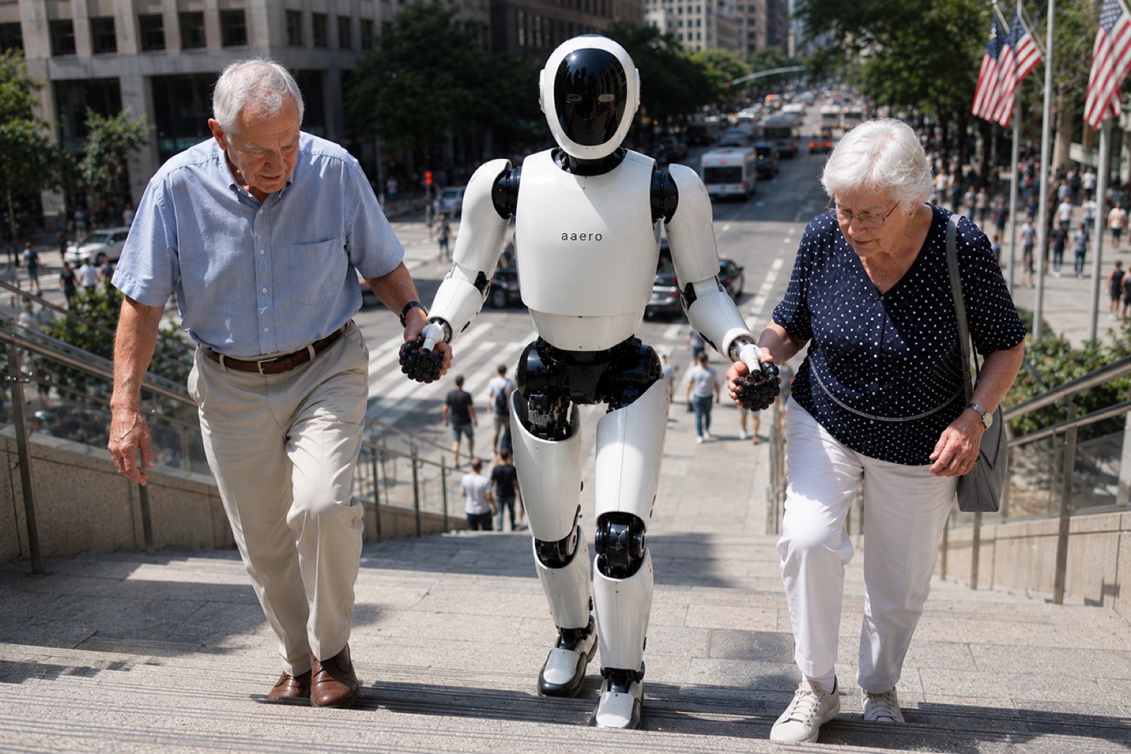 A humanoid robot walking up city steps holding hands with two elderly people