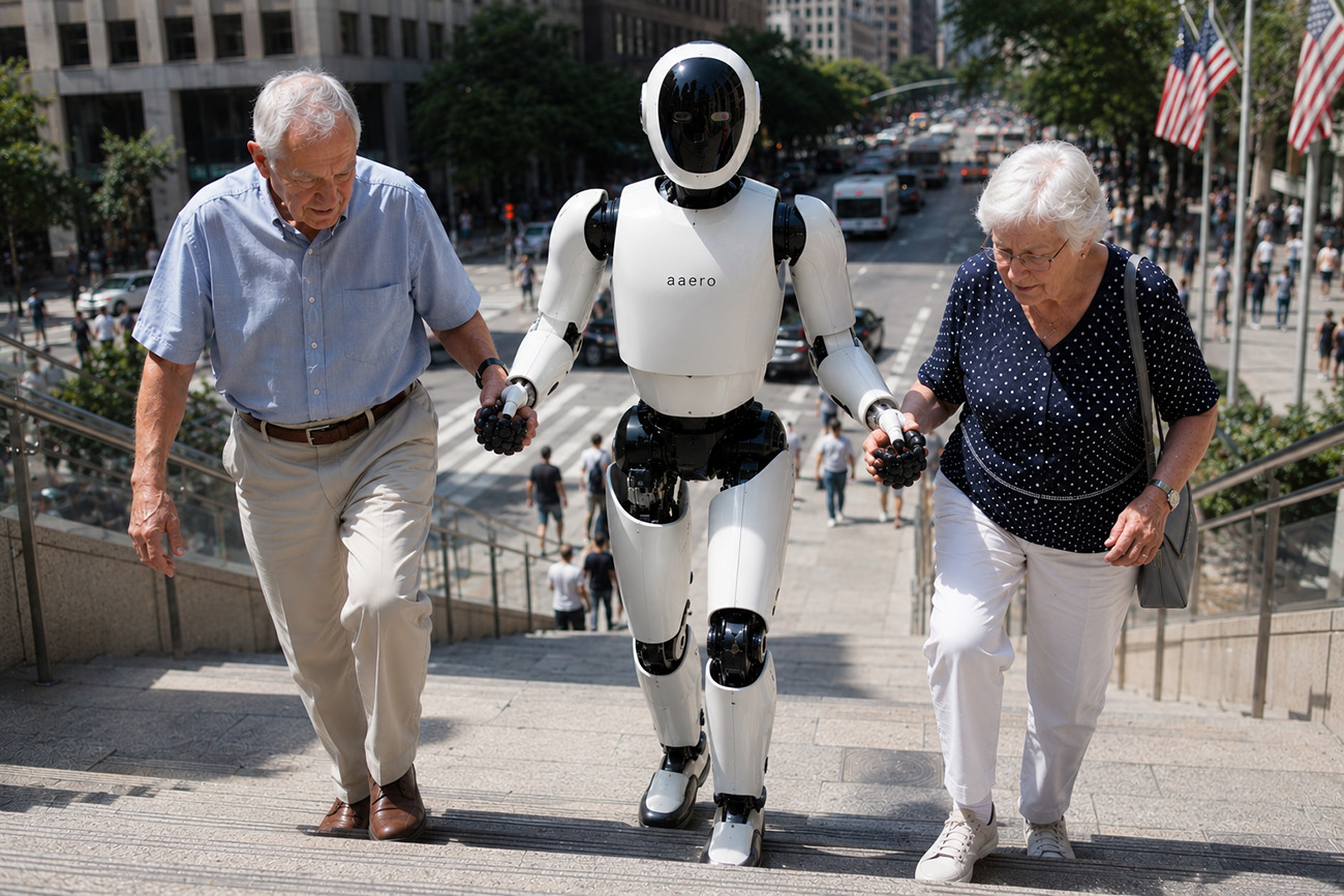 An aaero ai humanoid robot walking up city steps holding hands with two elderly people